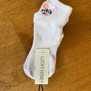 NEW- Lucky Honey Pilates White Socks with Pink Rose Embroidery